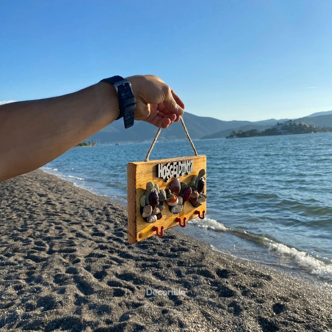 Hoşgeldiniz Deniz Kabuklu El Yapımı Ahşap Anahtarlık Askısı